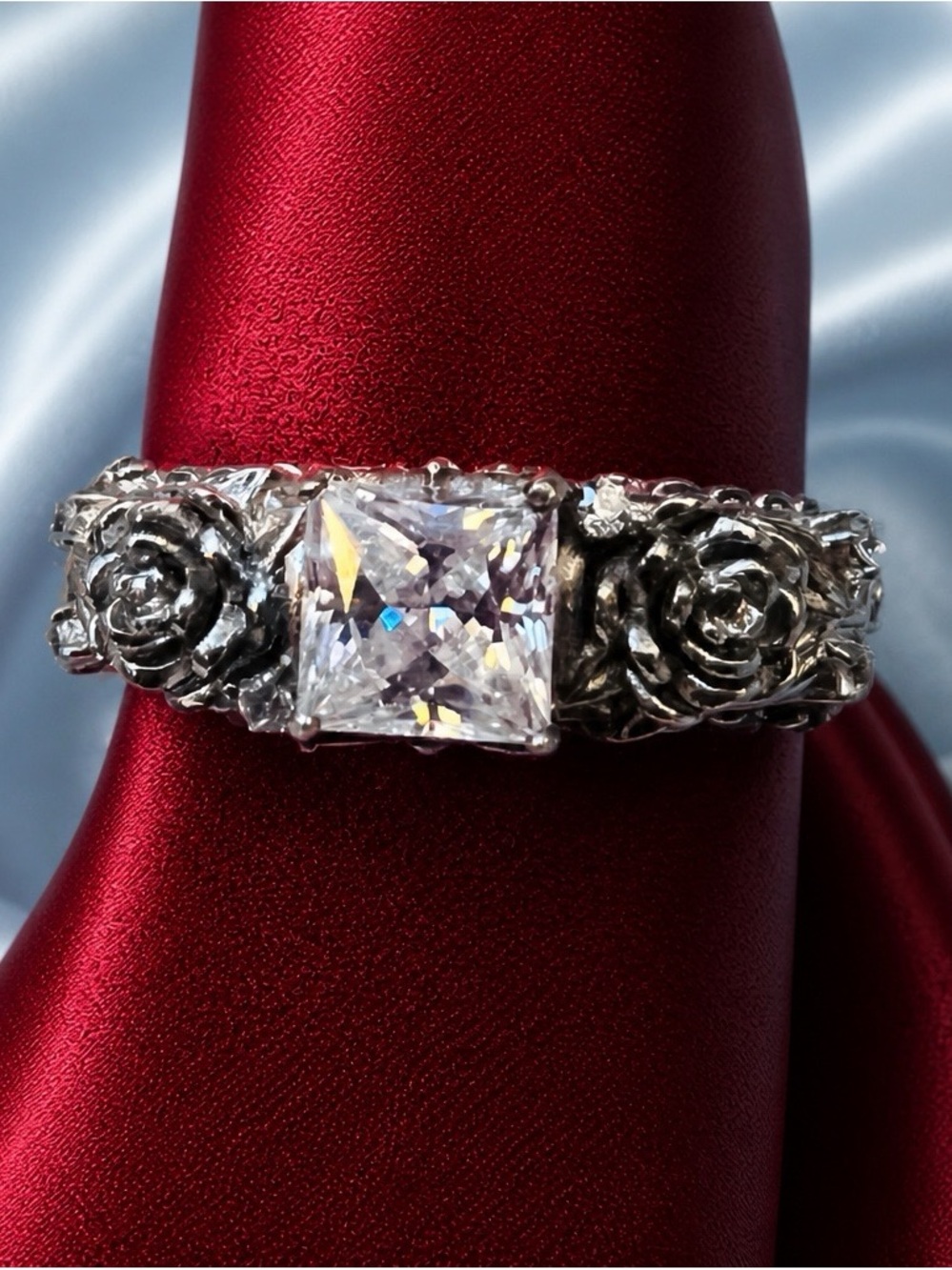 Moissanite AAA D-color princess cut, VVSI. Rhodium over 925 S.Silver. Handmade!